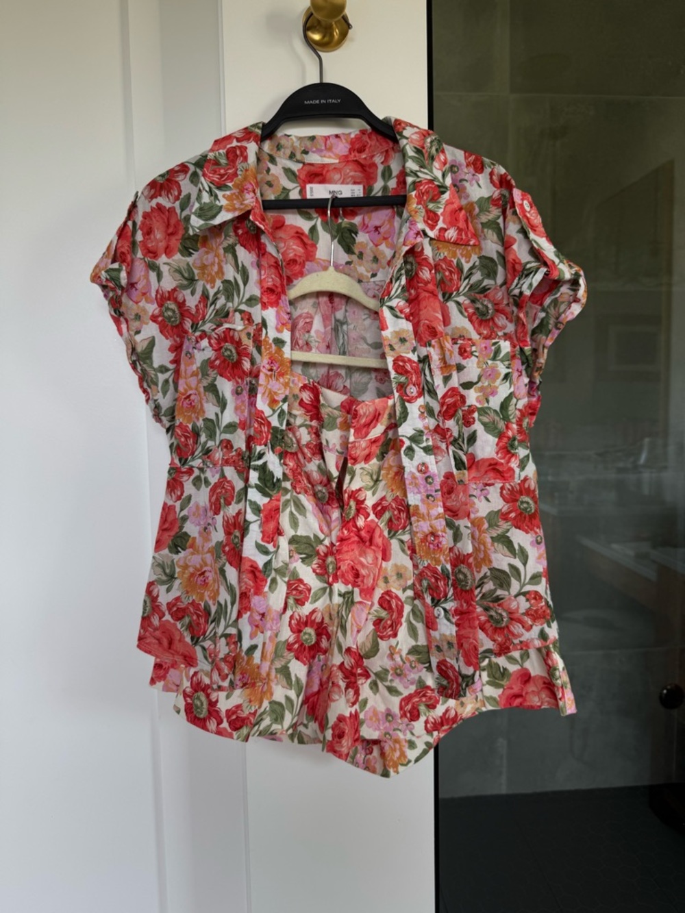 Floral Short-Sleeve Button Front Top and matching shorts - Coral Rose Print